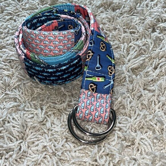 Vineyard Vines 100% Cotton Fabric Pink Blue Flower Flag Fish Belt Women’s Small - Picture 1 of 13